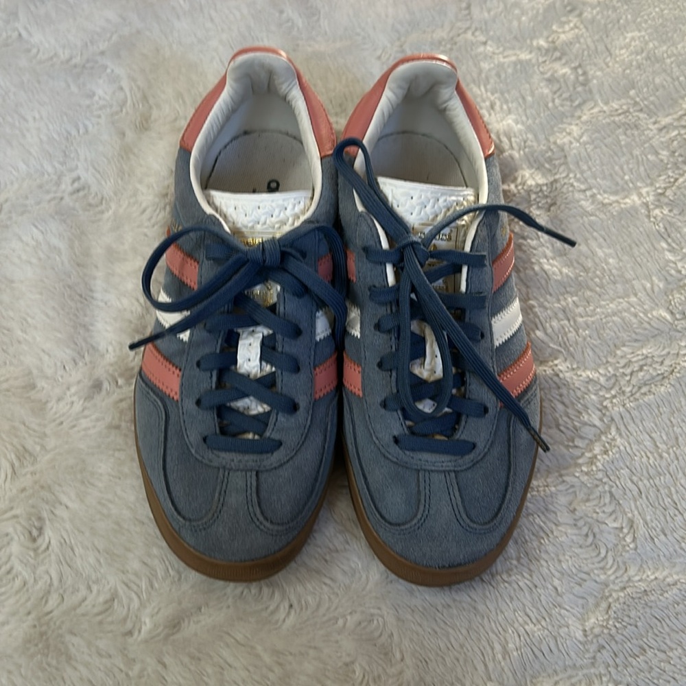 Adidas Gazelle Suede Blue w/Pink & White Stripes Sneakers - Picture 2 of 16